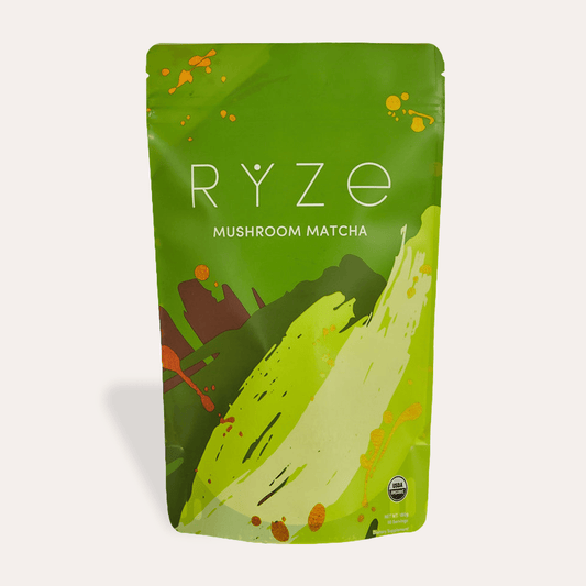 RYZE Mushroom Matcha - with 6 Organic Adaptogenic Mushrooms Grown In USA and Ceremonial-Grade Japanese Matcha - 8G5W