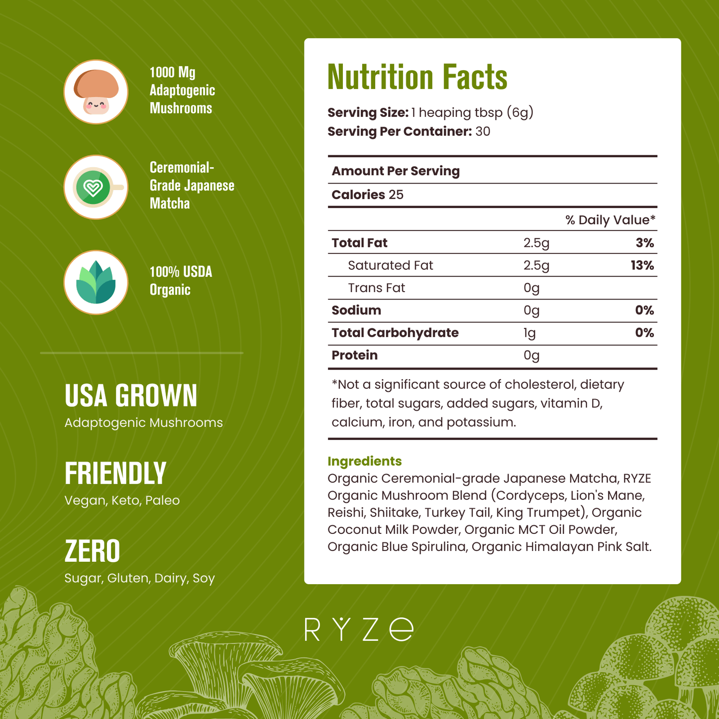 RYZE Organic Mushroom Matcha Starter Kit (60 servings) - FEAA